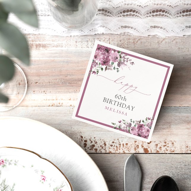 Elegant Purple Roses 60th Birthday Party Napkin (Creator Uploaded)