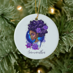 Elegant Purple Roses Afro Woman Ceramic Tree Decoration