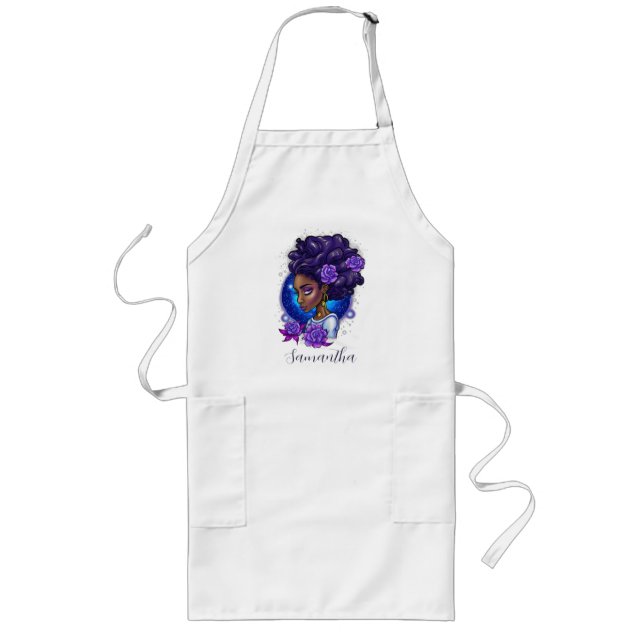 Elegant Purple Roses Afro Woman Long Apron (Front)