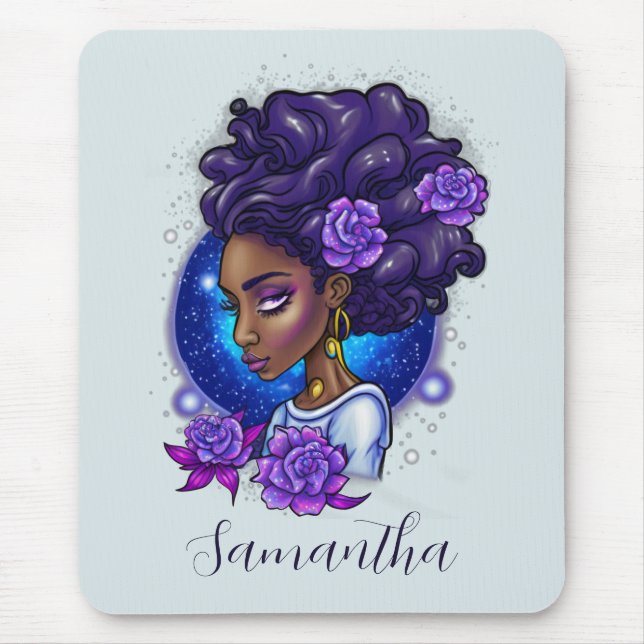 Elegant Purple Roses Afro Woman Mouse Mat (Front)
