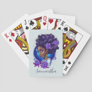 Elegant Purple Roses Afro Woman Playing Cards