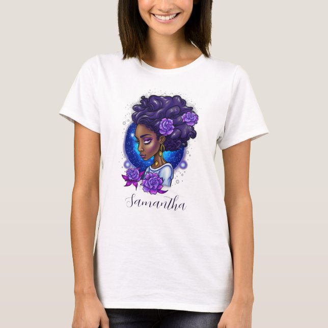 Elegant Purple Roses Afro Woman T-Shirt (Front)