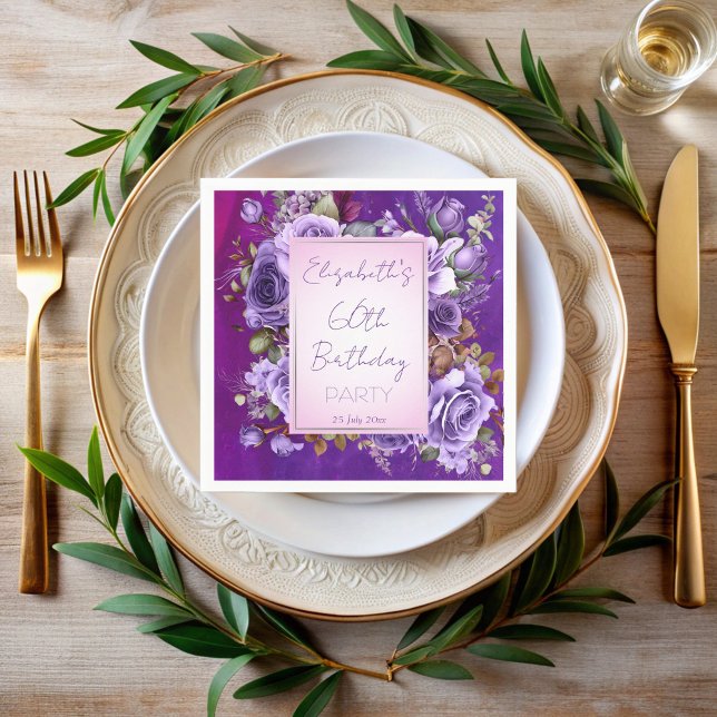 Elegant purple roses birthday party monogrammed napkin (Elegant purple lilac roses adults birthday party monogrammed napkins personalized table decor)
