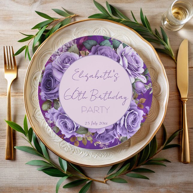 Elegant purple roses birthday party monogrammed paper plate (Elegant purple vintage roses elegant birthday party monogrammed paper plates personalized decor)