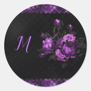 Elegant Purple Roses & Border on Black Personalise Classic Round Sticker