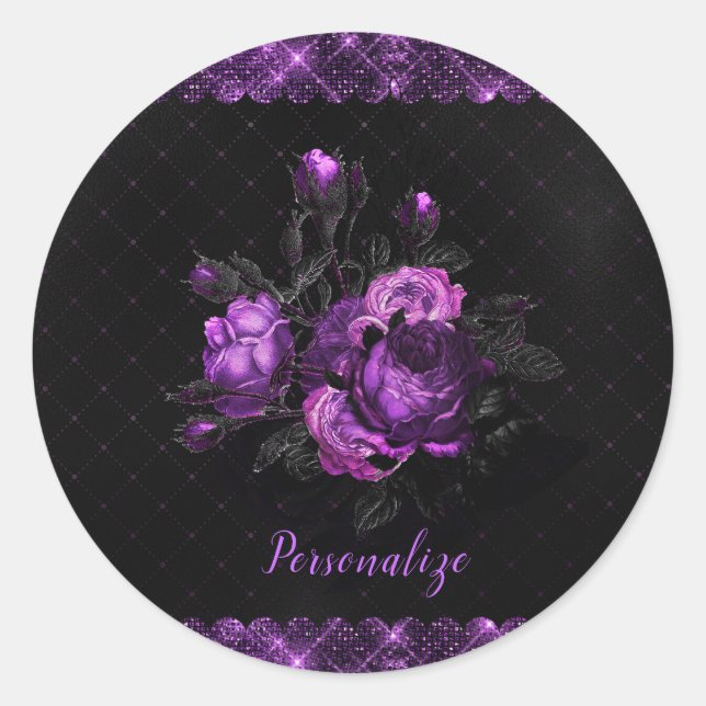 Elegant Purple Roses & Border on Black Personalise Classic Round Sticker (Front)