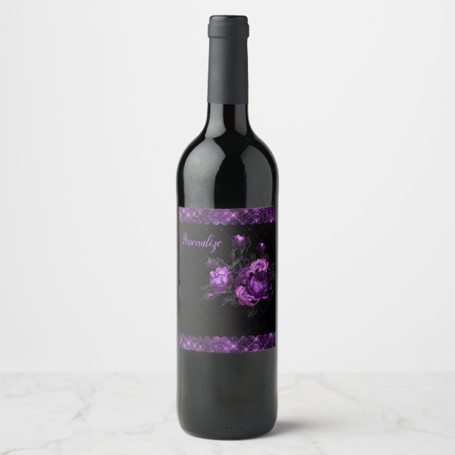 Elegant Purple Roses & Border on Black Personalise Wine Label (Front)