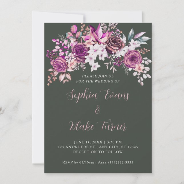 Elegant Purple Roses Floral Dark Green Wedding Invitation (Front)