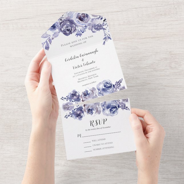 Elegant Purple Roses Floral Evening Winter Wedding All In One Invitation (Tearaway)