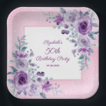 Elegant Purple Roses Glitter Pink Floral Birthday  Paper Plate<br><div class="desc">Elegant watercolor purple roses flowers and vibrant typography on glitter pink background birthday paper plate.
Perfect party supplies for floral-themed birthday celebrations.</div>