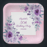 Elegant Purple Roses Glitter Pink Floral Birthday  Paper Plate<br><div class="desc">Elegant watercolor purple roses flowers and vibrant typography on glitter pink background birthday paper plate.
Perfect party supplies for floral-themed birthday celebrations.</div>