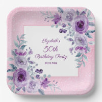 Elegant Purple Roses Glitter Pink Floral Birthday 