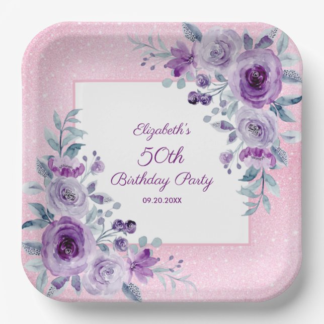 Elegant Purple Roses Glitter Pink Floral Birthday  Paper Plate (Front)