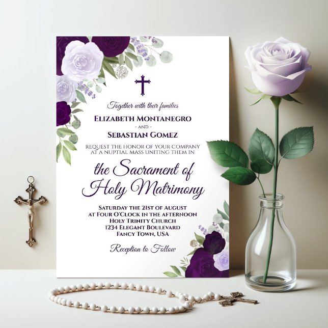 Elegant Purple Roses Modern Catholic Wedding Invitation (Creator Uploaded)