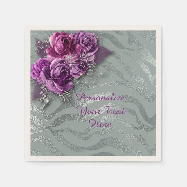 Elegant Purple Roses Silver Glitter Personalise Napkin (Front)