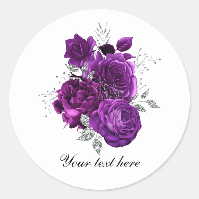 Elegant purple roses Wedding customisable Classic Round Sticker (Front)