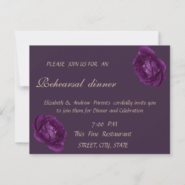 Elegant Purple Roses  Wedding Rehearsal Dinner Invitation (Front)