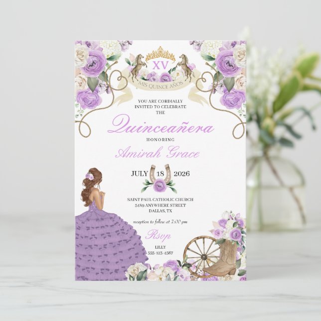 Elegant Purple Roses Western Cowgirl Quinceañera Invitation (Standing Front)