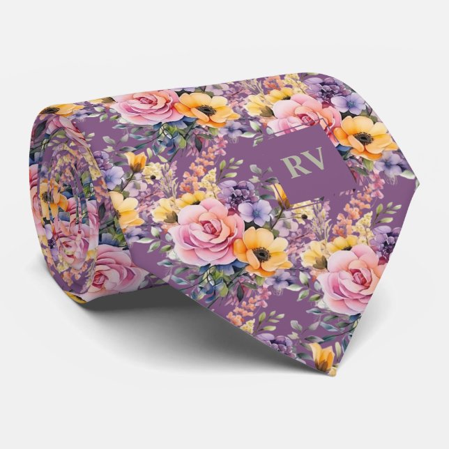 Elegant Purple Sage Green Watercolor Flowers Tie (Rolled)