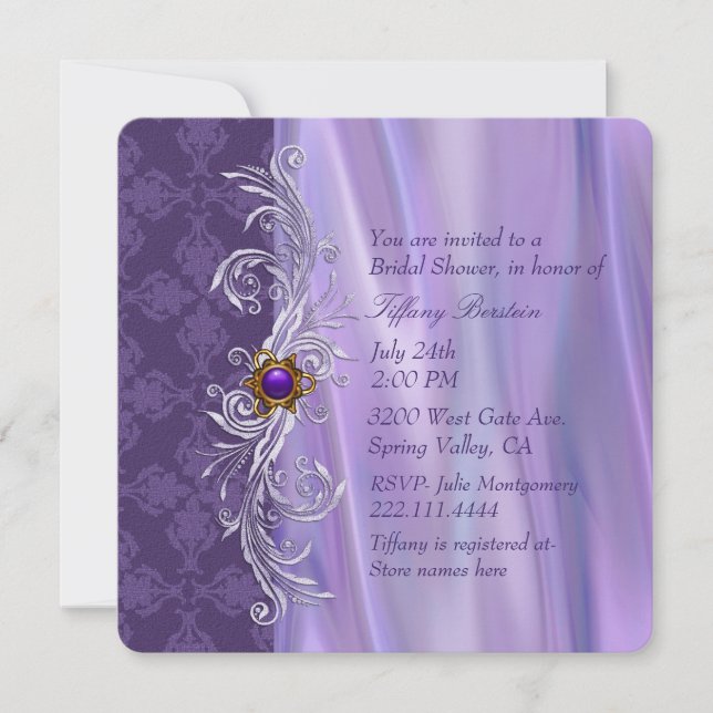 Elegant Purple Satin and Damask Bridal Shower Invitation (Front)