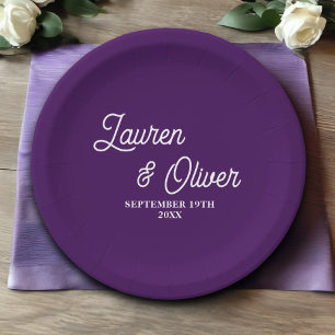 Elegant Purple Script Minimalist Wedding Paper Plate