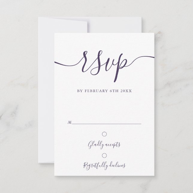 Elegant Purple Script Modern Wedding RSVP Card (Front)