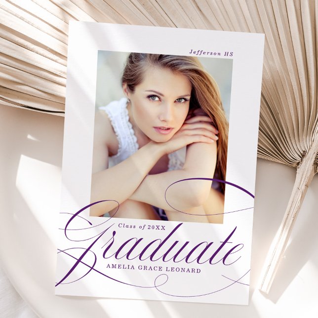 Elegant Purple Script Photo Graduation Announcement (Creator Uploaded)
