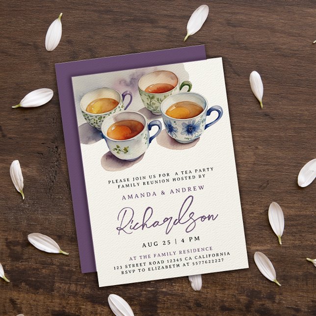 Elegant Purple Script Tea Party Reunion Watercolor Invitation (Creator Uploaded)