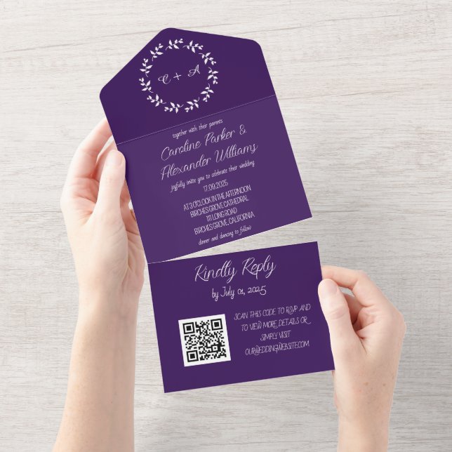 Elegant Purple Script Unique Modern RSVP QR Code A All In One Invitation (Tearaway)