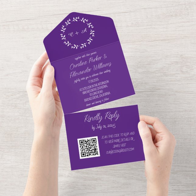 Elegant Purple Script Unique Modern RSVP QR Code All In One Invitation (Tearaway)