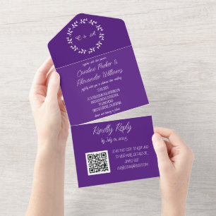 Elegant Purple Script Unique Modern RSVP QR Code All In One Invitation