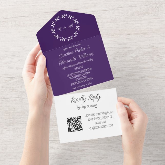 Elegant Purple Script Unique Modern RSVP QR Code All In One Invitation (Tearaway)