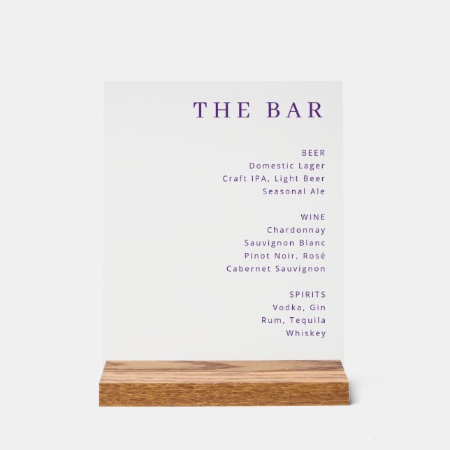 Elegant Purple Serif Bar Menu Acrylic Sign (Front)