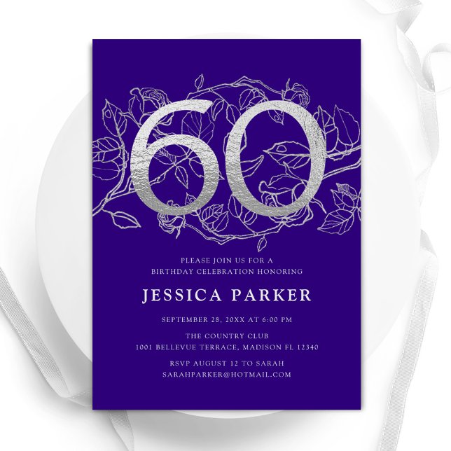 Elegant Purple Silver 60th Birthday Invitation (Creator Uploaded)