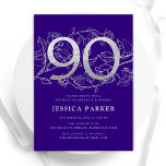 Elegant Purple Silver 90th Birthday Invitation<br><div class="desc">Elegant purple silver 90th birthday party invitation. Customisable modern feminine design featuring roses botanical accents and faux glitter silver. Simple floral invite card perfect for a stylish female bday celebration. Personalise with your own details. Printed Zazzle invitations or instant download digital printable template.</div>