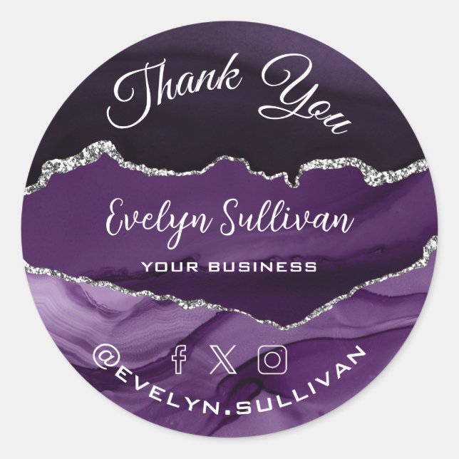 elegant purple silver agate thank you classic round sticker (Front)