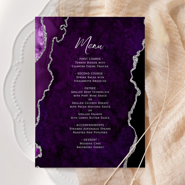 Elegant Purple Silver Agate Wedding Menu (Creator Uploaded)