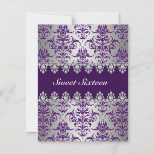 Elegant Purple & Silver Damask Sweet16 Invite