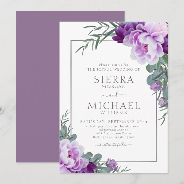 Elegant Purple & Silver Floral Eucalyptus Wedding Invitation (Front/Back)