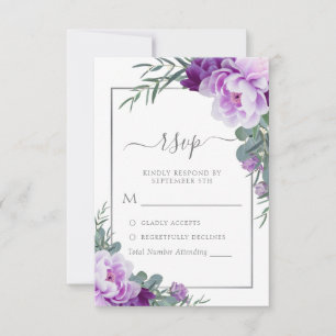 Elegant Purple & Silver Floral Eucalyptus Wedding RSVP Card