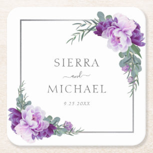 Elegant Purple & Silver Floral Eucalyptus Wedding Square Paper Coaster