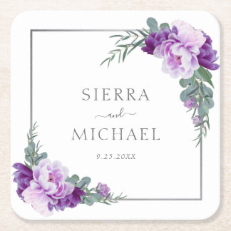 Elegant Purple & Silver Floral Eucalyptus Wedding Square Paper Coaster