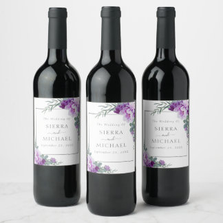 Elegant Purple & Silver Floral Eucalyptus Wedding Wine Label