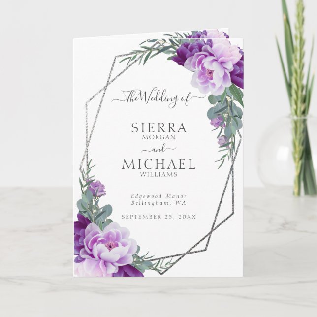 Elegant Purple & Silver Floral Folded Wedding Programme (Front)