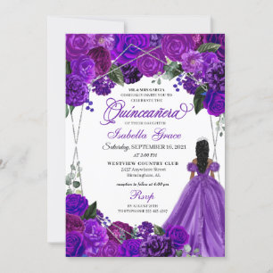 Elegant Purple Silver Floral Quinceanera Birthday Invitation