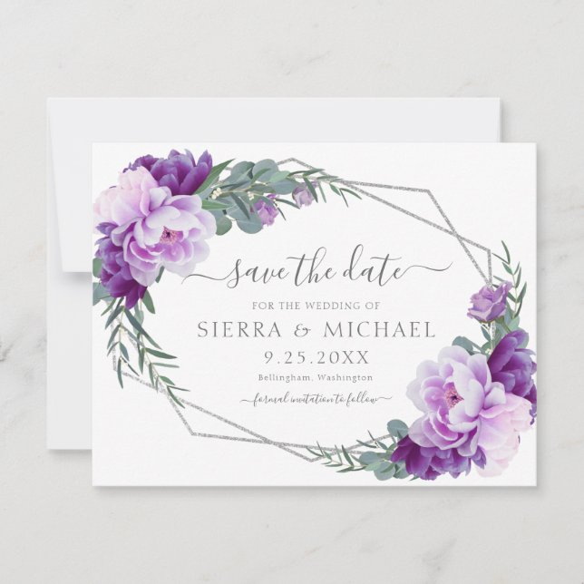 Elegant Purple Silver Floral Save the Date Wedding (Front)