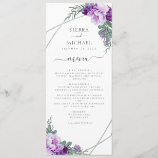 Elegant Purple & Silver Floral Wedding Reception Menu