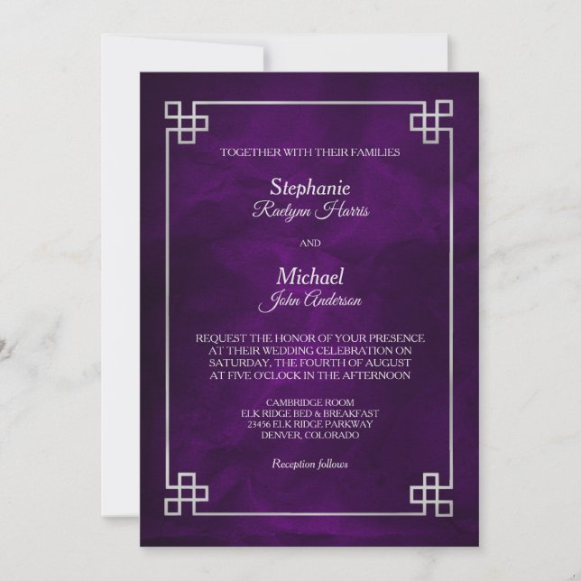 Elegant Purple Silver Frame Wedding Invitation (Front)