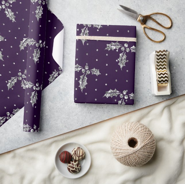 Elegant Purple & Silver Glitter Christmas Holly Wrapping Paper (Crafts)