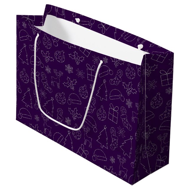 Elegant Purple & Silver Glitter Christmas Pattern Large Gift Bag (Front Angled)